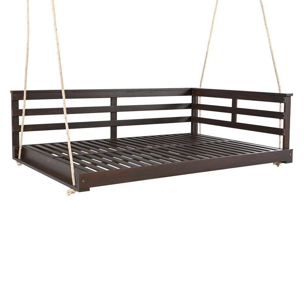 Brown Wood Porch Swing with Hemp Ropes for Patio