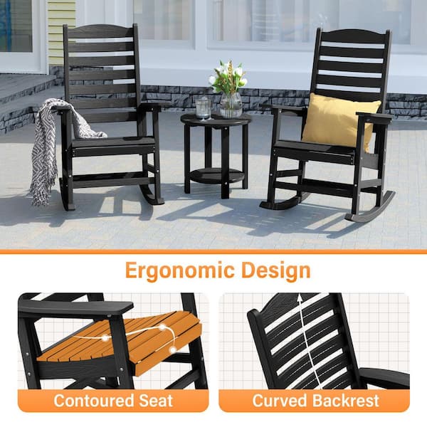 Black All Weather Resistant HIPS Plastic Patio Outdoor Rocking Chair for Lawn, Porch, Indoor and Garden (Set of 4)