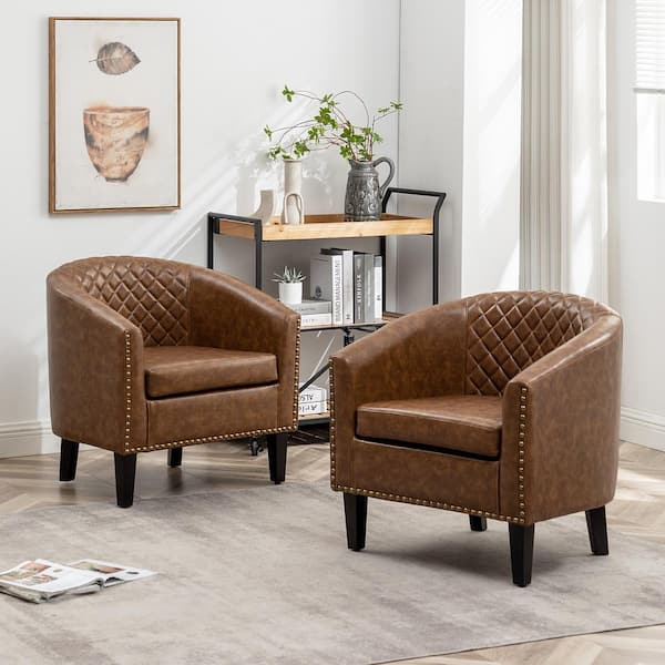 KINWELL Coffee Tufted Faux Leather Small Club Bar Barrel Chair Set