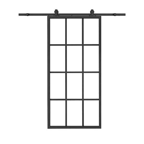 CALHOME 36 in. x 84 in. 12 Lite Clear Glass Black Aluminum Frame Interior Sliding Barn Door with Hardware Kit