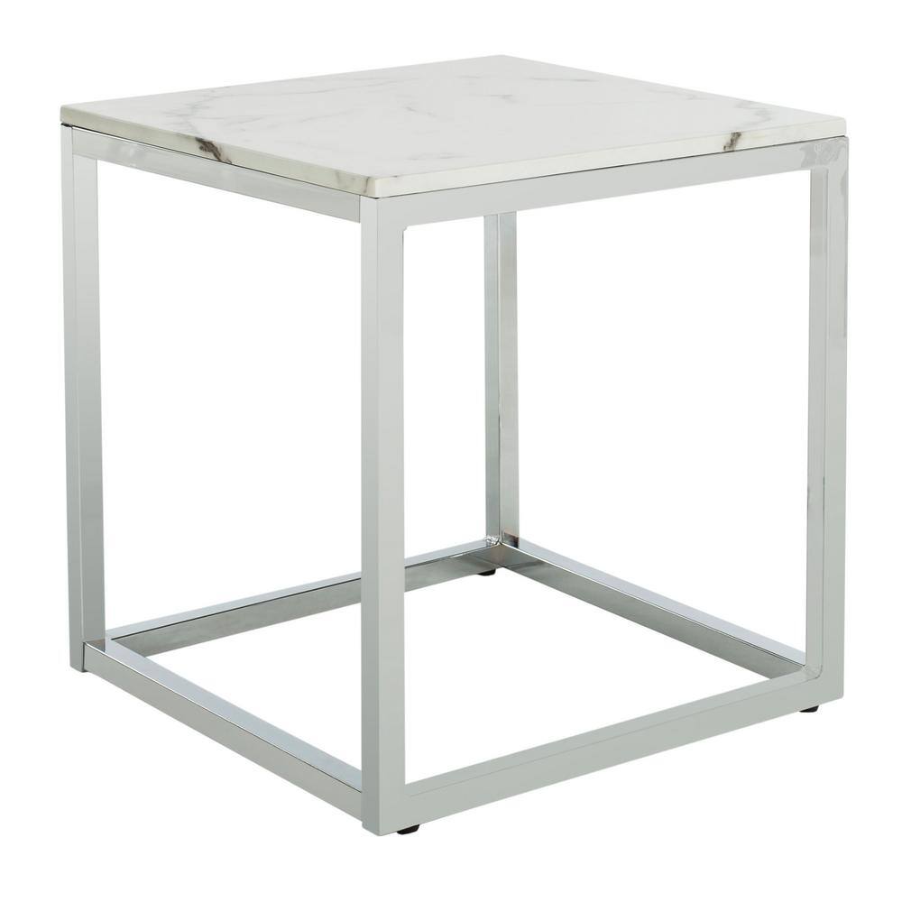 Bethany 20" White Marble and Chrome Square End Table