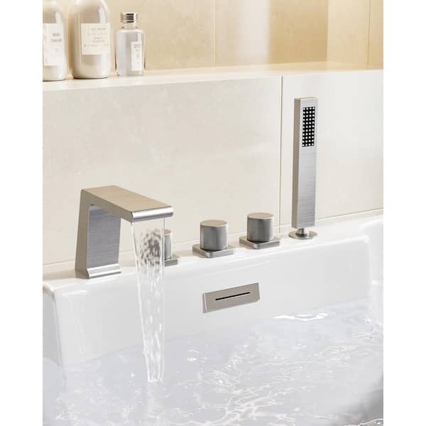 YAWWALK 3-Handles Deck-Mount Roman Tub Faucet with Hand Shower in Brushed Nickel (Valve Included)
