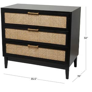 36 in. W Black Wood 3 Drawer Cabinet with Cane Front Drawers and Gold Handles