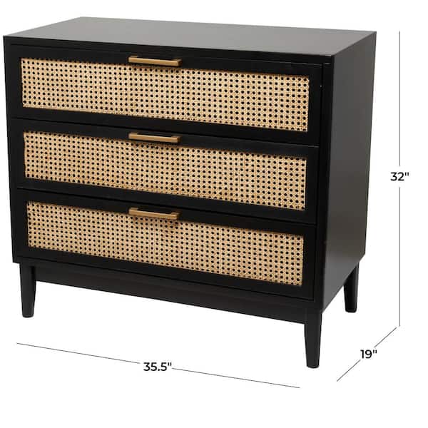 36 in. W Black Wood 3 Drawer Cabinet with Cane Front Drawers and Gold Handles