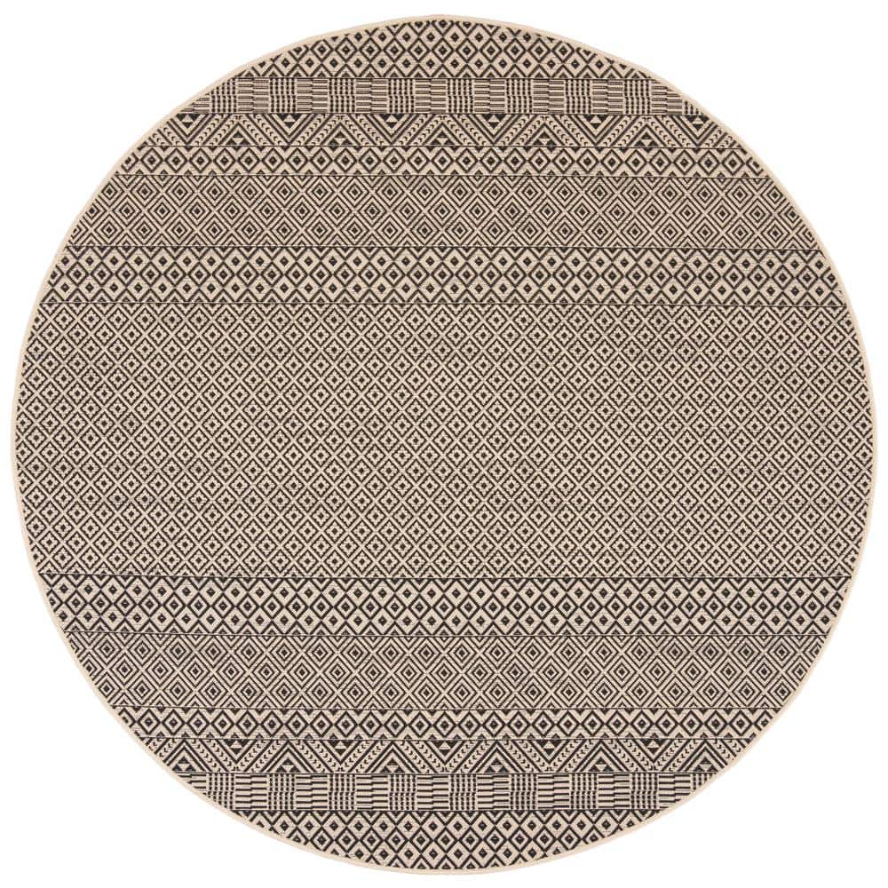 Beige and Black 4' Round Geometric Indoor/Outdoor Rug