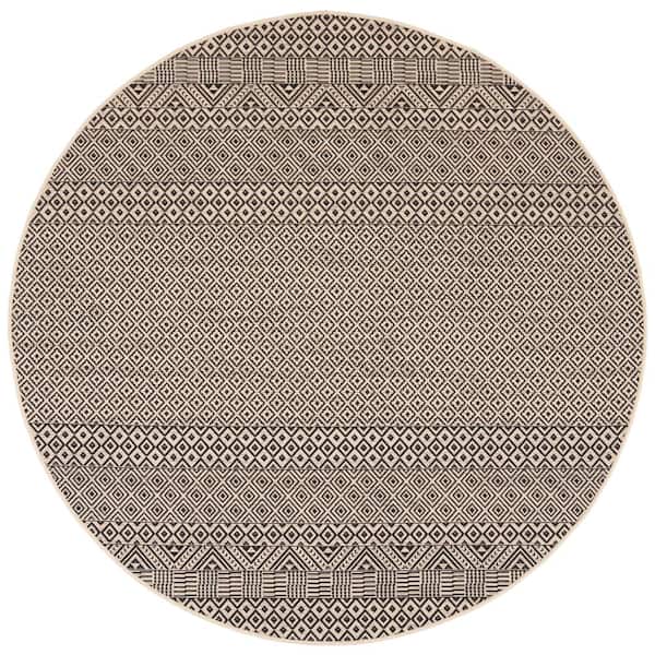 Courtyard Beige/Black 7 ft. x 7 ft. Round Geometric Indoor/Outdoor Patio  Area Rug