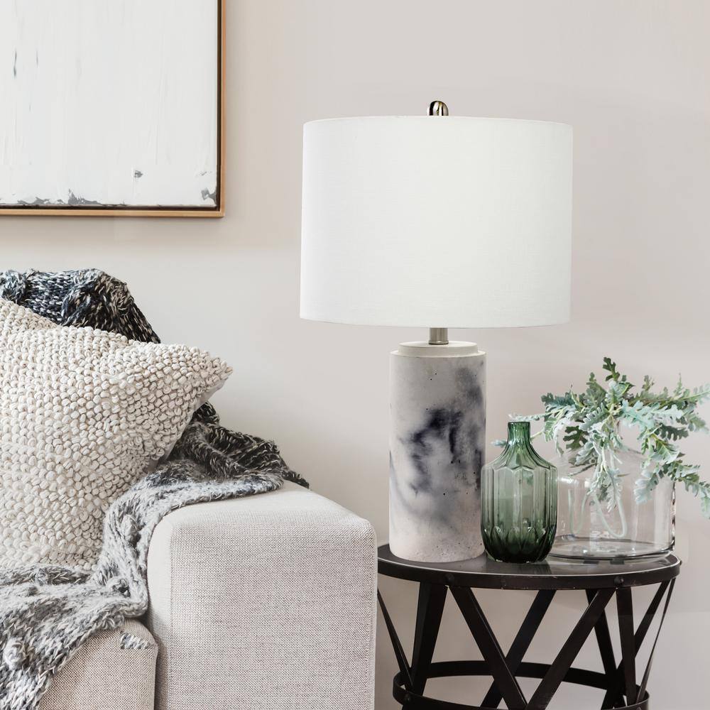 White Marbleized Cylinder Nightstand Lamp with Fabric Shade
