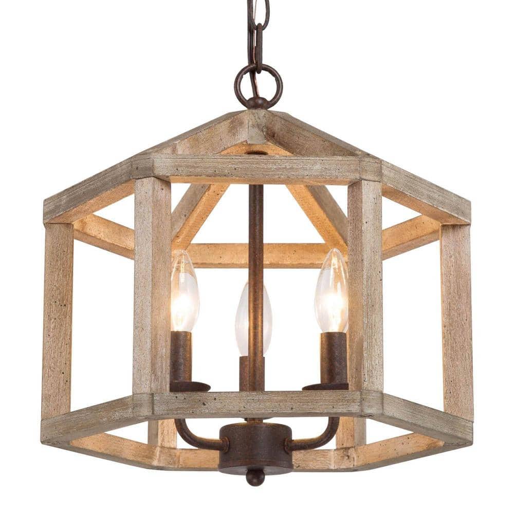 3-Light Chandelier - Natural Wood and Aged Iron Farmhouse Chandelier for Ru