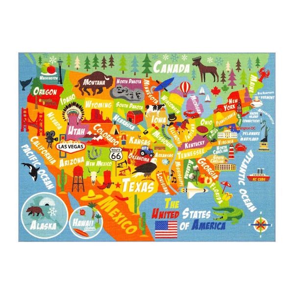 Multi-Color Kids and Children Bedroom USA United States Map Educational Learning 8 ft. x 10 ft. Area Rug
