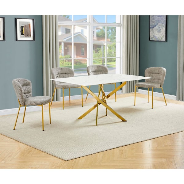 Best Quality Furniture Esteban 5-Piece White Marble Wrap Glass Top Gold Stainless Steel Base Dining Set with 4 Grey Chairs
