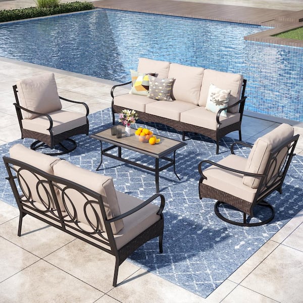 Brown Rattan 5-Piece 7 Seat Steel Outdoor Patio Conversation Set with Beige Cushions, Swivel Sofas and Wood-Grain Table