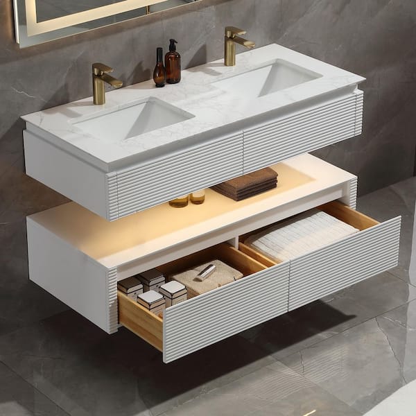 Wilton 48 in. W x 20.8 in. D x 19.6 in. H Floating Bathroom Vanity Set in White with White Double Undermount Basins