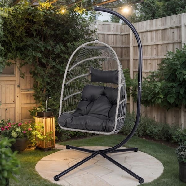 1-Piece Gray Wicker Outdoor Swing Hammock Egg Chair with Cushions in Black for Outdoor and Indoor