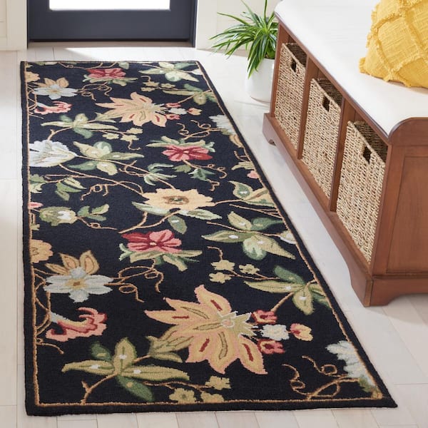 Chelsea Black 3 ft. x 12 ft. Gradient Border Floral Runner Rug