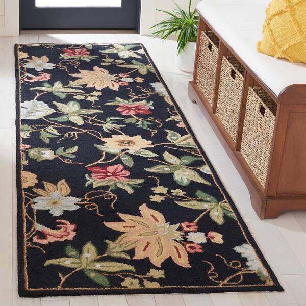 Chelsea 3 ft. x 22 ft. Black Floral Runner Rug