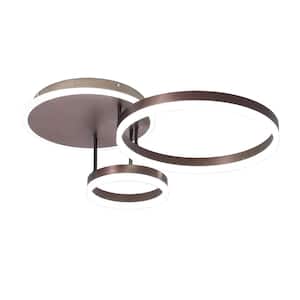 23.8 in. 1-Light Brown Modern 3-Rings Geometric Design Selectable LED Semi-Flush Mount Ceiling Light with Remote