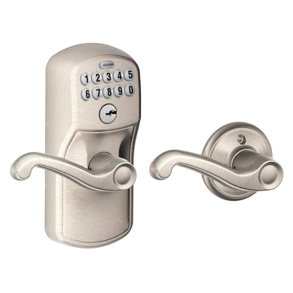 Schlage Plymouth Satin Nickel Electronic Keypad Door Lock With Flair Handle And Auto Lock Fe575 1732