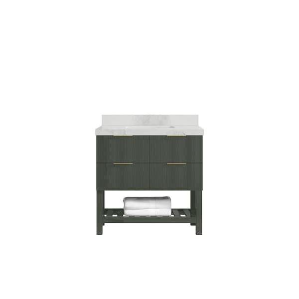 Willow Collections Catalina 36 in. Single Sink Freestanding Pewter Green Bath Vanity with Calacatta Nuvo Qt. Top Unassembled
