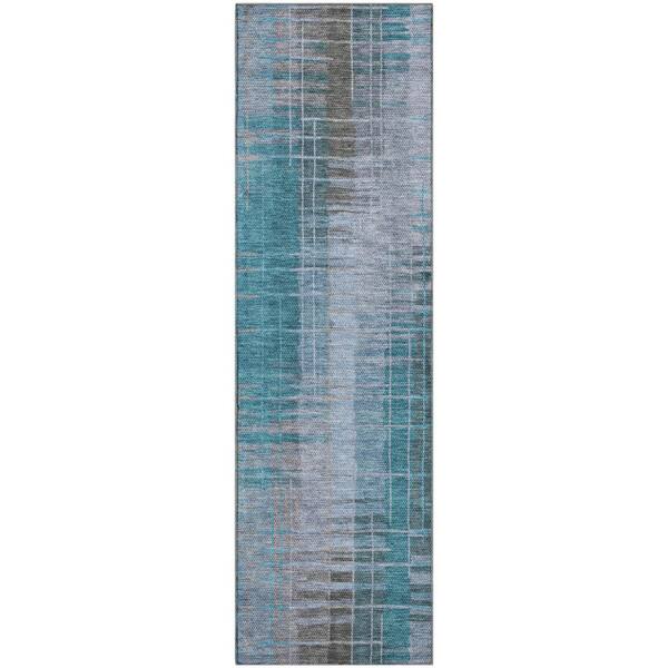 Mayfield Premium Machine Washable Abstract AMF2261 Teal 2 ft. x 7 ft. Runner Rug