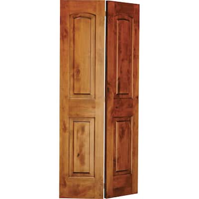 24 in. x 80 in. Rustic Knotty Alder 2-Panel Arch Top Solid Core Unfinished Wood Interior Bi-Fold Door