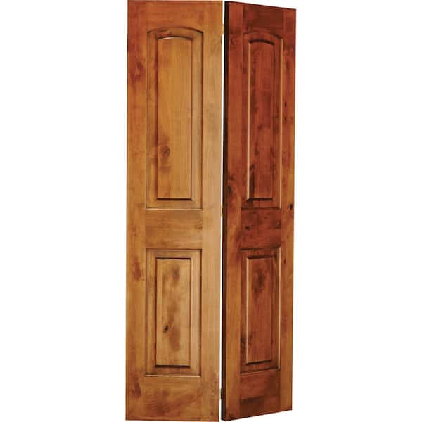 Krosswood Doors 30 in. x 80 in. Rustic Knotty Alder 2 Panel Arch Top Solid Core Unfinished Wood Interior Bi-Fold Door