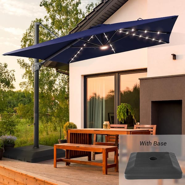 JOYESERY 10 ft. x 10 ft. Solar LED Patio Cantilever Umbrella w/a Base, Aluminum Outdoor Offset Rotation w/Solar Lights, Navy Blue