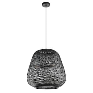 Dembleby 20 in. W x 93.14 in. H 3-Light Black Statement Pendant Light with Black Bamboo Dome Shade
