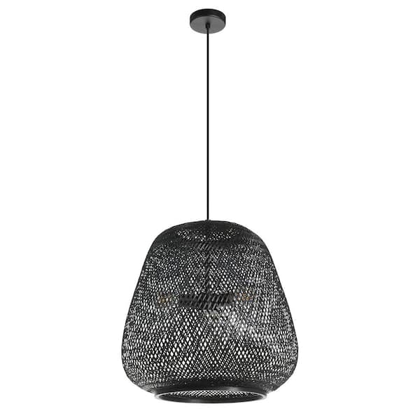 Eglo Dembleby 20 in. W x 93.14 in. H 3-Light Black Statement Pendant Light with Black Bamboo Dome Shade