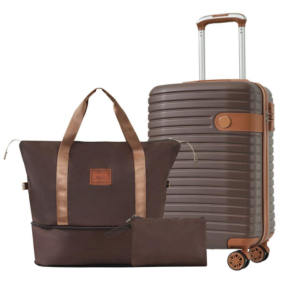 3-Piece Brown Carry-on and Lightweight Hardshell ABS Luggage Set