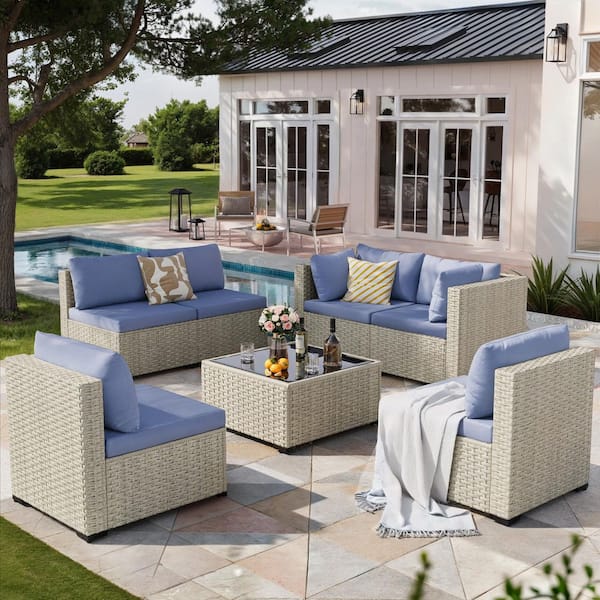 (7-Pieces) Gray Wicker Outdoor Patio Conversation Set with Haze Blue Cushions