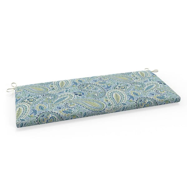 Pillow Perfect Paisley 45 in W x 3 in H Rectangular Outdoor Bench Cushion with Ties 1-Count in Blue Arctic Stone