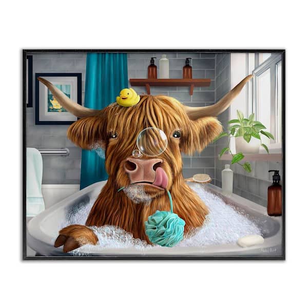 Highland Cow Bubble Bath by Mehu Art Black Framed Animal Giclee Art Print 11 in. x 14 in.