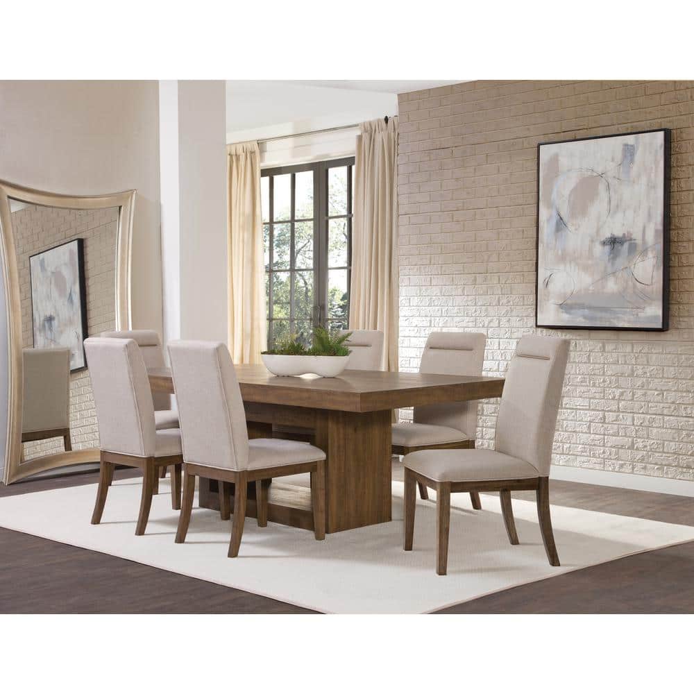 Caramel Wood 7-Piece Trestle Dining Set with Beige Upholstered Chairs