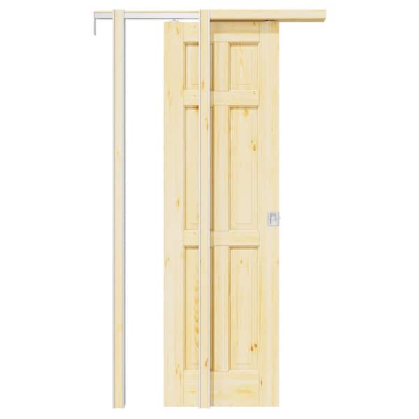 ARK DESIGN 24 in. x 80 in. Paneled 6-Lite Unfinished Pine Wood Sliding Pocket Door with Hardware (Soft Close and Silver Lock Incl)