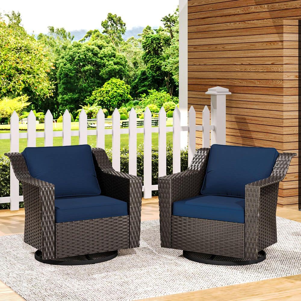 2-Piece Patio Brown Wicker Swivel Outdoor Rocking Chair with Metal Frame and Blue Cushions price history on PriceWatchPro