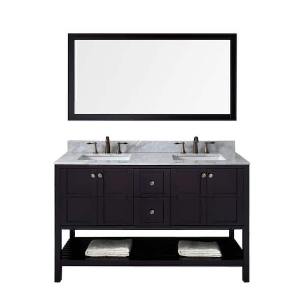 Virtu USA Winterfell 60 in. W Bath Vanity in Espresso with Marble Vanity Top in White with Square Basin and Mirror
