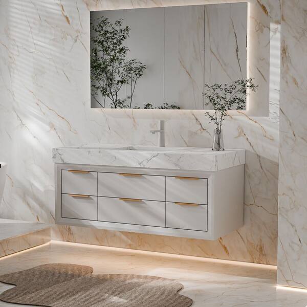 Wenlorin 48 in. Single Sink Floating White Bath Vanity with White Engineered Marble Top Pre-Assembled