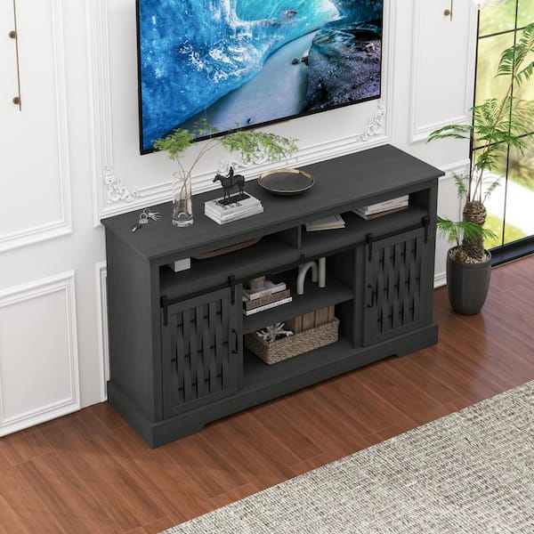 58 in. TV Stand for TVs up to 65 in. With 23 in. Embedded Electric Fireplace and Sliding Barn Door in Dark Gray