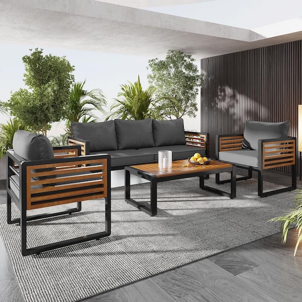 Cascia Black 4-Piece Wood Patio Conversation Set with Acacia Wood Tabletop Gray Cushions