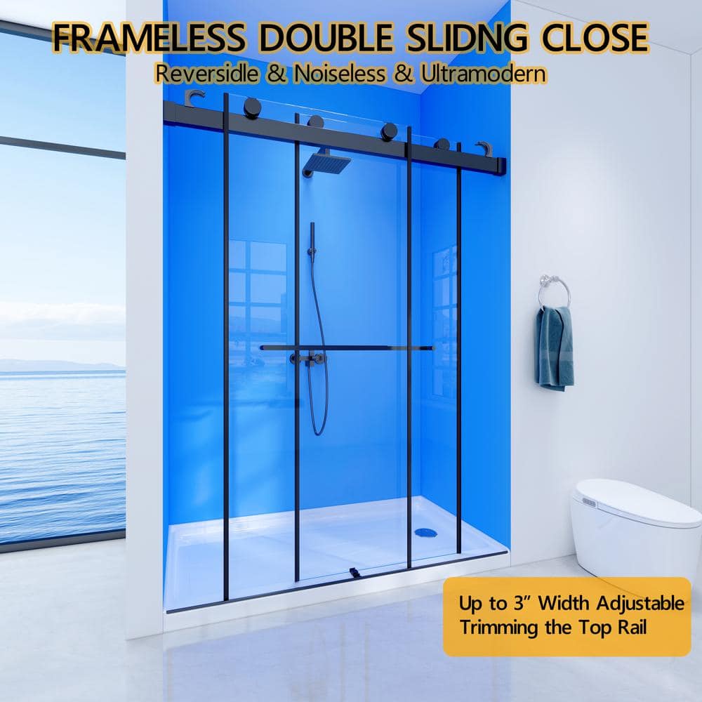 60'' Matte Black Double Sliding Frameless Shower Door with Clear Glass