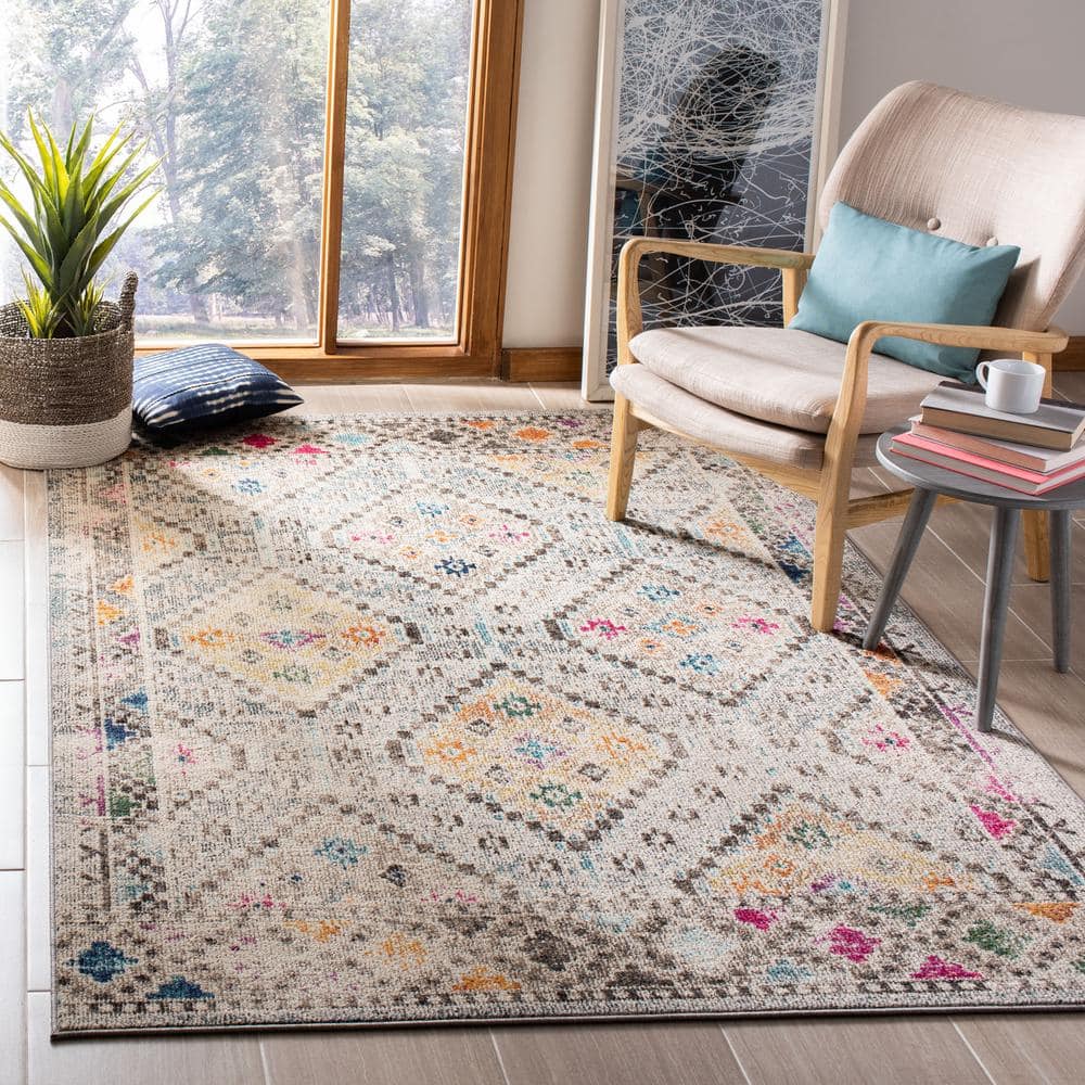 Hand-Knotted Grey and Yellow Square Synthetic Rug