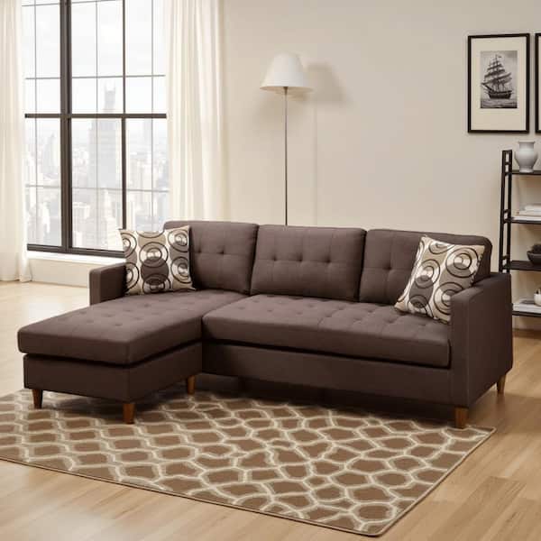 59 in. Square Arm 2-Piece Polyfiber L-Shaped Sectional Sofa in Brown