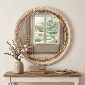 27 in. W x 27 in. H Round Beaded Framed Floating Wall Bathroom Vanity Mirror in Antique White