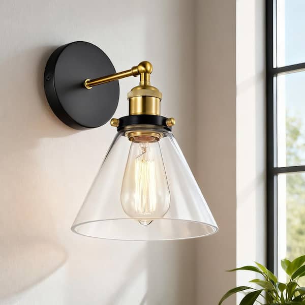Mateo 1-Light Black and Antique Brass Bathroom Indoor Wall Sconce with Clear Glass Shade for Living Room Bedroom Hallway