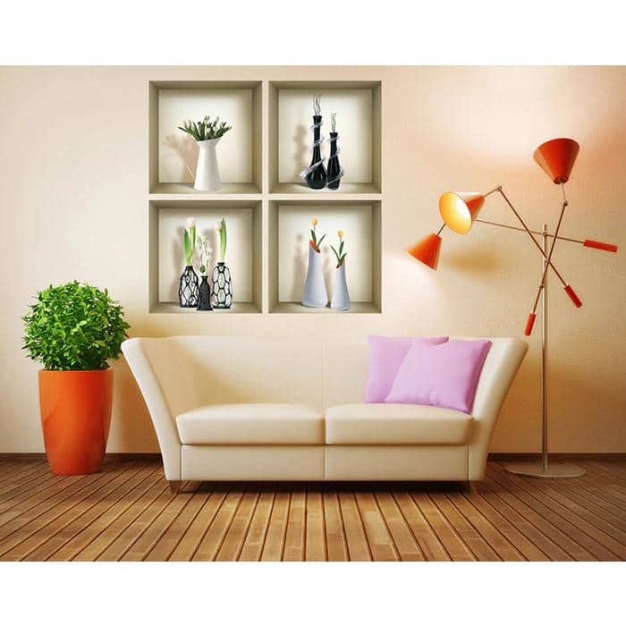 Set of Four 12 x 12 Inch Beige and Black Faux Niche 3D Wall Decals