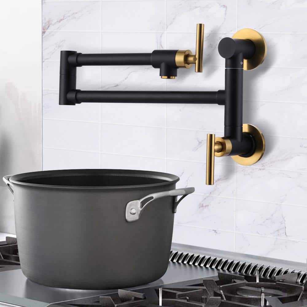 Black and Gold Brass Wall Mounted Pot Filler with Double Handle