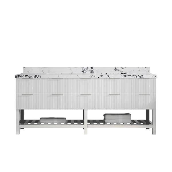 Willow Collections Catalina 84 in. Double Sink Freestanding Fine Grain Bath Vanity with Viola Night Qt. Top Unassembled