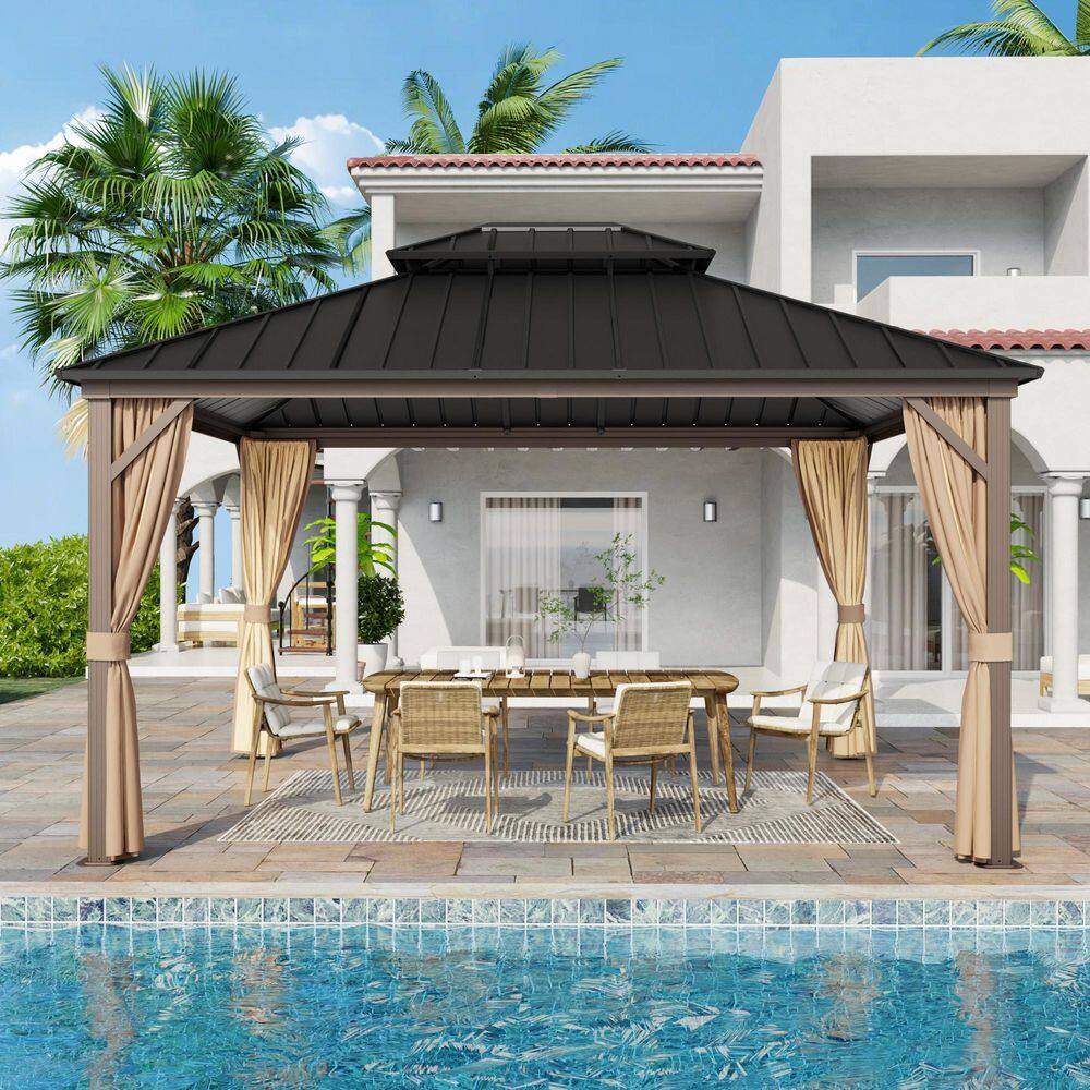 12 ft. x 14 ft. Outdoor Patio Aluminum Frame Gazebo with Double Hardtop Steel Roof, Mosquito Net and Curtains price history on PriceWatchPro