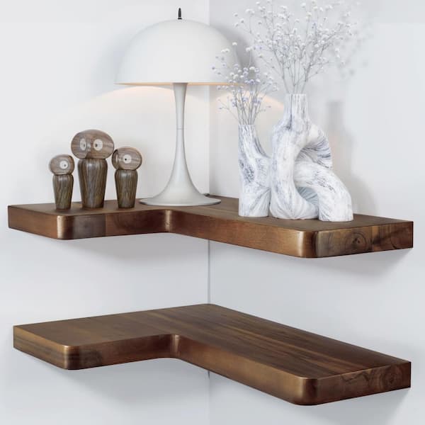 17 in. W x 12 in. D Acacia Wood Corner Floating Shelves, Corner Shelf Wall Mounted, Decorative Wall Shelf(Set 2, Walnut)