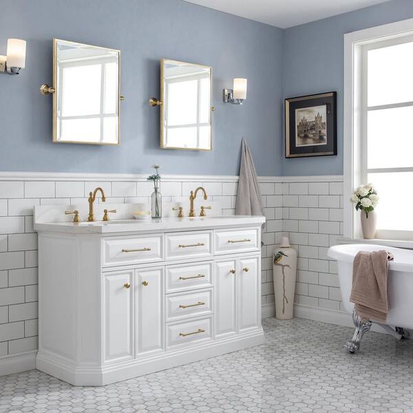 Palace 60 in. W x 22 in. D x 34 in. H Double Sink Bath Vanity in Pure White with Carrara White Quartz Top and Faucets